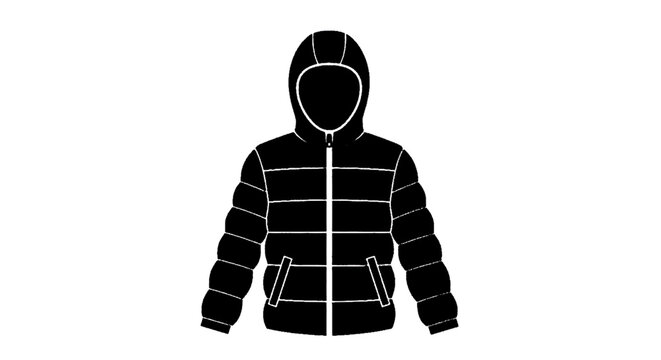 Minimal black silhouette icon, simple flat vector, bold black shape, no, no shading black puffer jacket with hood on a, flat icon style
