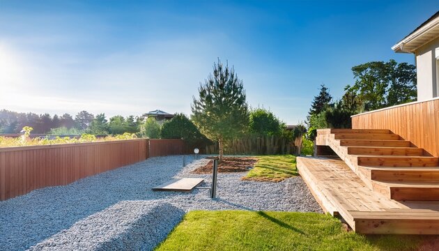 newly built home pad platform and staircase using synthetic wood to go to backyard garden