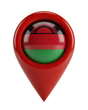 Malawi flag inside a map pointer icon, symbolizing travel destination, national pride, location awareness with global appeal