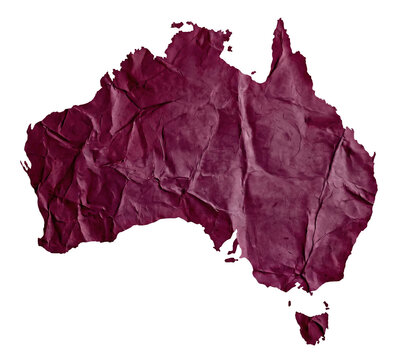 Burgundy crumpled paper map of Australia continent isolated on transparent background