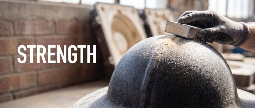 Industrial worker hand sanding composite helmet in workshop factory, manufacturing process showing strength, manual labor, craftsmanship, grit, dust flying, and heavy industry production detail.