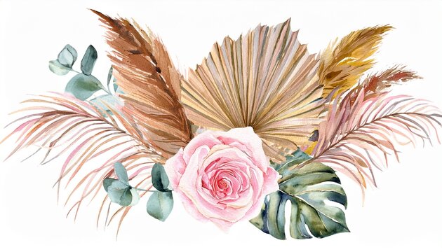 watercolor boho tropical bouquet decorative dried flowers and plants composition pampas grass monstera palm leaf pink rose isolated on background