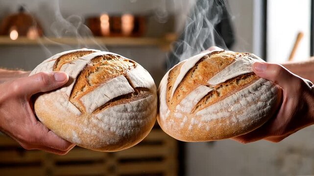 Hands holding two loaves of fresh artisan crusty bread with hot steam rising in bakery