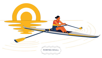 Very beautiful colorful vector illustration featuring a SOLO ROWER powering a racing scull across a calm river at dawn, golden reflections on the water, precise technique, competitive spirit, and deco © ehsanollah