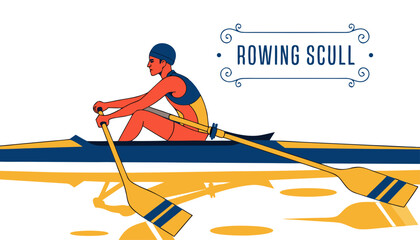 Very beautiful colorful vector illustration featuring a SOLO ROWER powering a racing scull across a calm river at dawn, golden reflections on the water, precise technique, competitive spirit, and deco © ehsanollah
