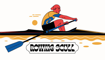 Very beautiful colorful vector illustration featuring a SOLO ROWER powering a racing scull across a calm river at dawn, golden reflections on the water, precise technique, competitive spirit, and deco © ehsanollah