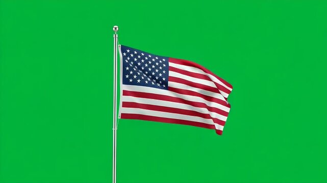 Waving american flag attached to a metallic pole isolated against a vibrant green screen background for easy keying during digital post production editing and design work