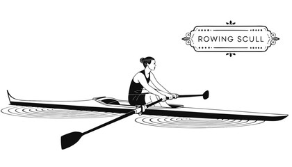 Very beautiful black-and-white engraved vector illustration featuring a solo rower in a racing scull, detailed water ripples, elegant athletic posture, and decorative label reading "ROWING SCULL", iso © ehsanollah