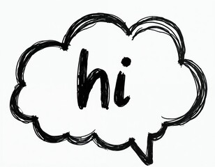 Obraz premium Hand drawn cloud shape with word hi written inside. Simple greeting bubble illustration isolated on white background. Basic welcome message graphic.