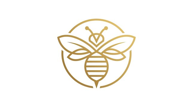 Gold bee line art logo in circular frame.