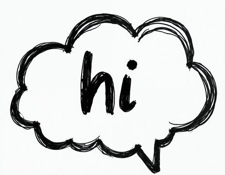 Hand drawn cloud shape with word hi written inside. Simple greeting bubble illustration isolated on white background. Basic welcome message graphic.