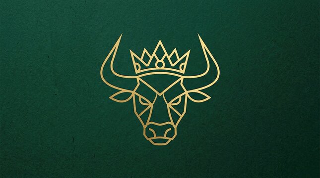 Golden bull head crown logo on green background.
