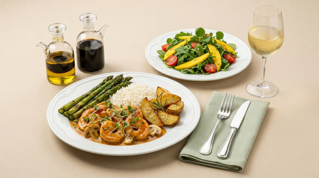 Gourmet Shrimp Newburg Dish Served with Grilled Asparagus, white rice and Rustic Potatoes with rosemary and coarse salt, accompanied by a fresh salad and a glass of white wine on a beige linen table
