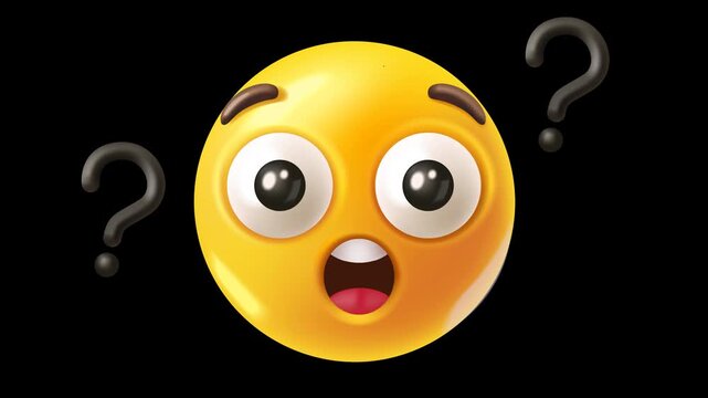 3D render of a worried cartoon character face with rotating question marks. Expression of confusion, doubt, or problem solving on a transparent alpha channel