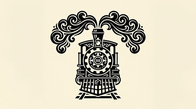 Ornate black and white steam locomotive front view.