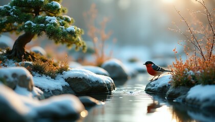Obraz premium Small bird perches on snow covered rock near stream. Evergreen bonsai tree and dry plants surround water. Winter light illuminates tranquil nature scene. Peaceful cold environment.