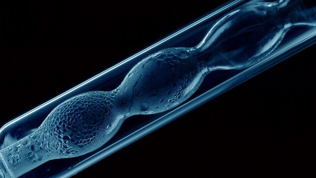 Big close up time lapse shot of blue liquid is being condensed on walls of the bulb lab condenser standing against black