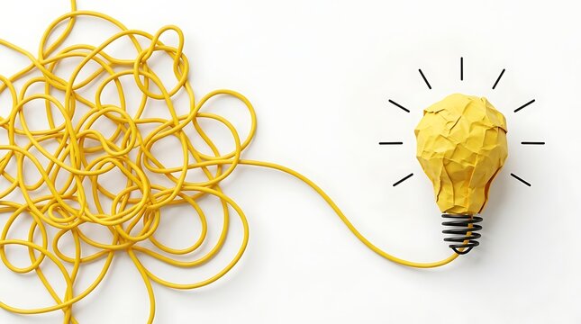 Crumpled yellow paper lightbulb with long messy tangled wire on white background. Overcoming creative block, problem solving, untangling thoughts, and brainstorming concept.