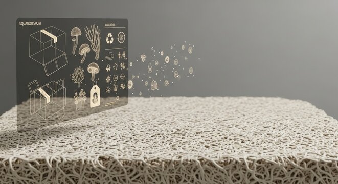 Conceptual Ecological Packaging Design with Holographic Box Wireframe and Spore Structures on Fibrous Mycelium Board