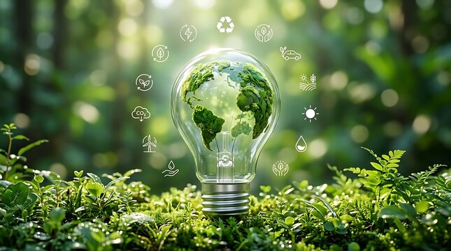 Green earth inside a glass lightbulb on forest floor surrounded by sustainable energy icons representing ecology and environmental conservation.