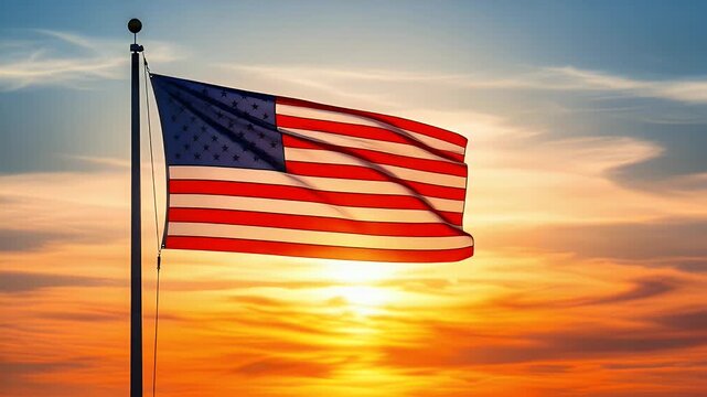 Large united states flag waving gracefully on a metal pole against a vibrant orange sunset sky during a beautiful and calm summer evening time period