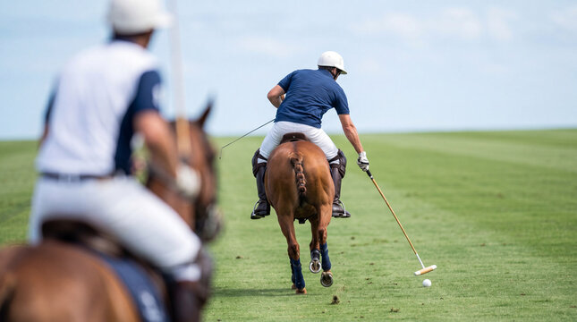 Polo Player Rear View Hitting Ball Opposing Player Bokeh Foreground