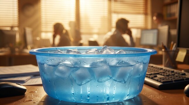 Blaue Plastiksch&uuml;ssel mit Eisw&uuml;rfeln und Wasser auf einem Schreibtisch im hei&szlig;en B&uuml;ro, verschwommene Mitarbeiter im Hintergrund. Konzept f&uuml;r Sommerhitze, kaputte Klimaanlage oder Abk&uuml;hlung am Arbeits