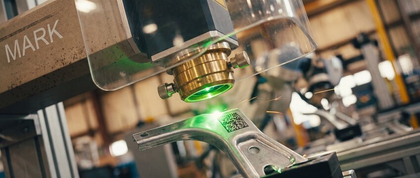 Industrial laser marking machine engraving QR code on metal automotive part in factory workshop, automated manufacturing process with green laser beam for precision engineering and traceability.