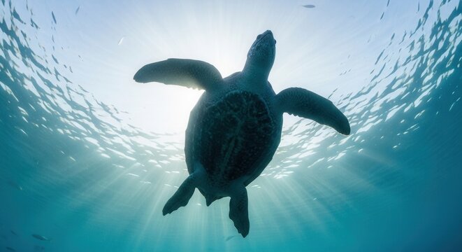 Silhouette of Sea Turtle Swimming Upwards Towards Sunlight.
