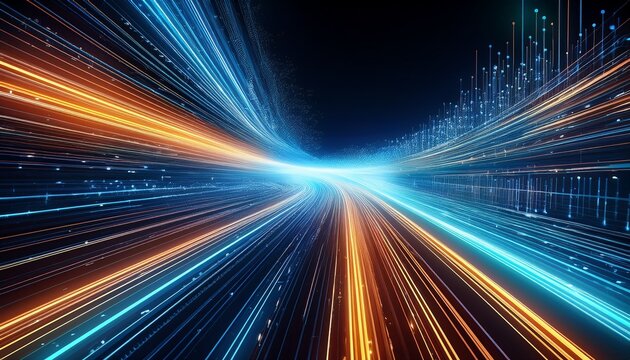 abstract tech background of high speed optic fiber data transfer ultra fast broadband digital network connection electronic motion cyber turn