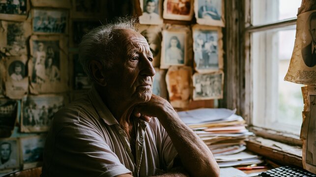 An older man in a simple shirt sits by a window, surrounded by faded family photos and desk papers, thoughtful mood, soft morning light, centered portrait composition.