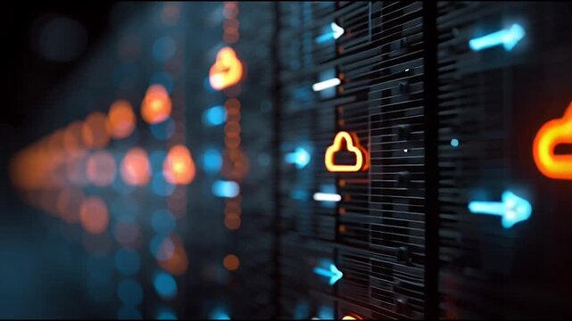 abstract cloud social media innovative cyber security network, using interconnected nodes to represent business partnerships on the Smart digital Innovation city with connection network reciprocity ov