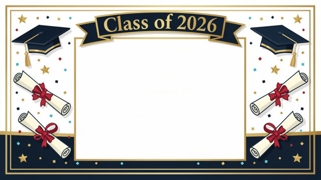 Celebratory graduation frame with caps scrolls ribbons and stars for outstanding achievement