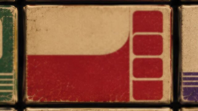 Old film box design background with text elements and gritty overlay. High quality 4k footage