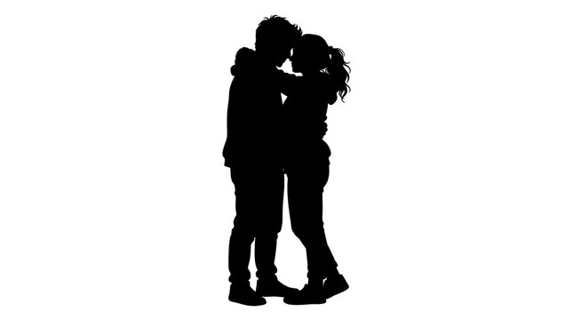 Silhouette of a romantic young couple embracing isolated on white background
