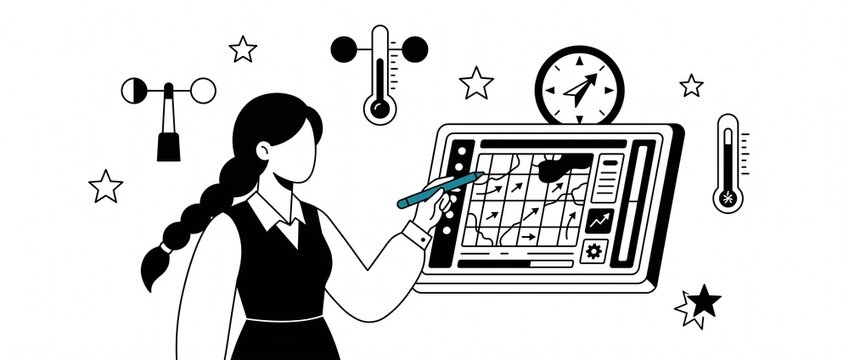 Weather forecaster analyzing meteorological data on tablet screen with stylus. Woman meteorologist tracking climate temperature and wind directions for modern science prediction vector art.