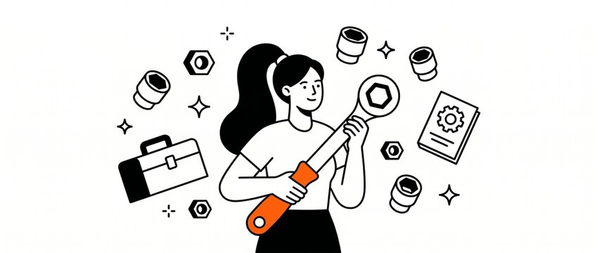 Female mechanic holding wrench illustration with tools, socket set, and toolbox. Minimalist line art vector character representing DIY home repair, manual work, and technical skills on white backgroun