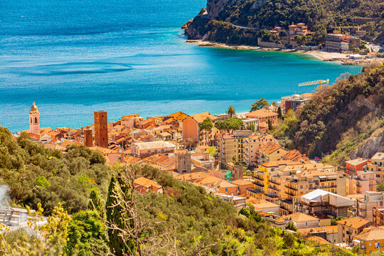  Aerial panoramic view of Noli, Liguria, province of Savona, Italy. Riviera dei Fiori. Fishermen's Beach. Maritime Republic