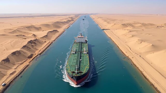 Large cargo ship navigating through narrow desert canal. Maritime logistics and global trade concept. Aerial drone footage with panning and tilting movement.