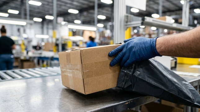 Close-up of a worker in blue gloves placing a brown cardboard box into a black poly mailer bag at a workstation inside a large distribution center and fulfillment warehouse.