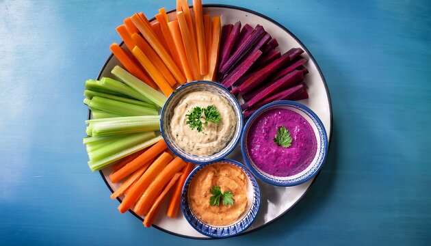 vibrant colorful vegetable dips with fresh cut carrots celery and purple vegetables arranged attractively on a plate for healthy snacking and appetizers