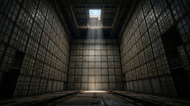 Massive warehouse interior stacked with corrugated metal cargo containers, featuring central sunlight beams descending from an open ceiling roof hatch onto dark industrial floor.