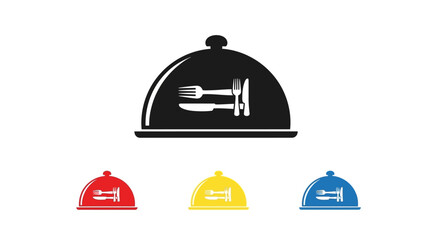 Fototapeta premium Food, dish icons, cloche, utensils, restaurant, colorful, vector