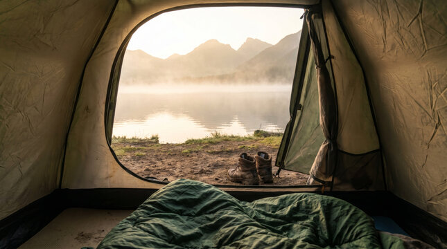 View from inside a tent showing boots on the ground near a misty lake with mountains in the background. Concept of camping trip, outdoor adventure, travel, wilderness exploration and nature.