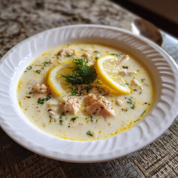 Creamy salmon soup in a white bowl with lemon slice and fresh dill. Homemade fish chowder with healthy ingredients for dinner meal. Culinary concept of nutritious warm cuisine.