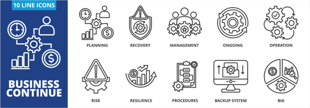 Business continuity icon collection set. Containing Planning, recovery, management, ongoing operation, risk, resilience icon. simple line vector.	
