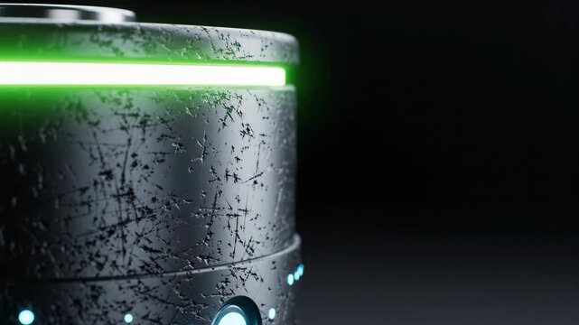 Black cylindrical device with glowing green LED strip and blue light indicators. Macro view of rugged metallic surface texture on electronic equipment component