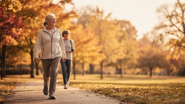Active senior women walking in autumn park for fitness and health