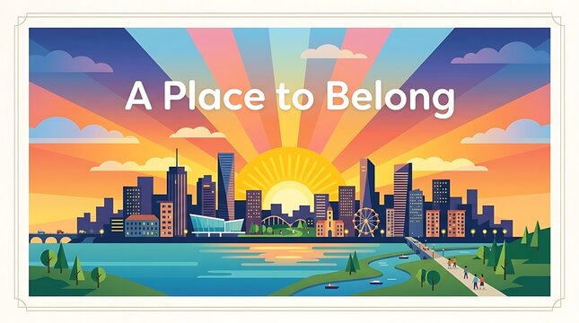 "A Place to Belong" is written over a flat graphic of a dawn behind a hospitable city skyline