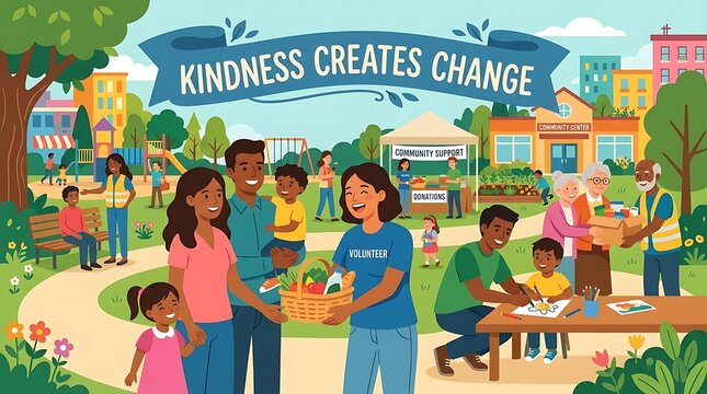 Flat illustration of community volunteers helping families, text &ldquo;Kindness Creates Change&rdquo;